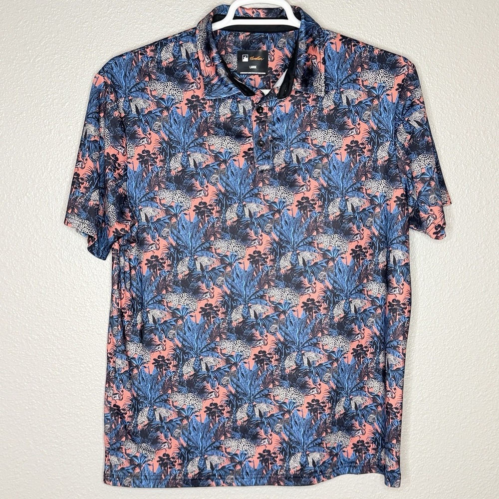 Flomotion Polo Shirt Large Tropical Jungle Print Stretch Golf Casual‎ Blue Pink